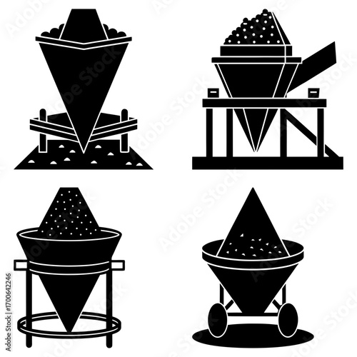 Four black and white diagrams of conical hoppers with granular material in various supporting structures