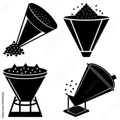 Four black and white illustrations of conical funnels with various granular materials being poured inside them