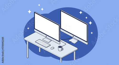 Modern dual monitor workspace setup with keyboard, mouse, and coffee cup sparks creativity