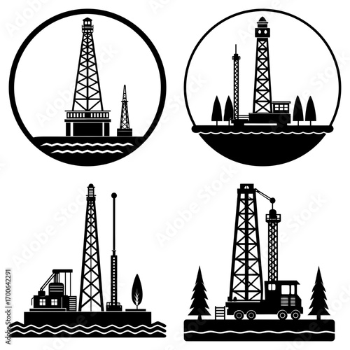 Illustration of four oil drilling rigs in black and white with different environmental contexts shown here