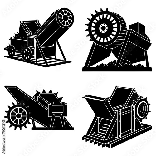 Illustration of four black and white mechanical devices with gears and industrial design elements