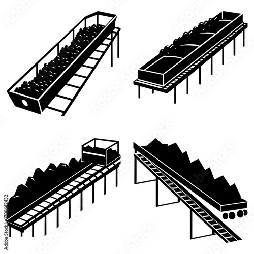 Four isometric illustrations of conveyor belt systems with varying designs and contents on white background