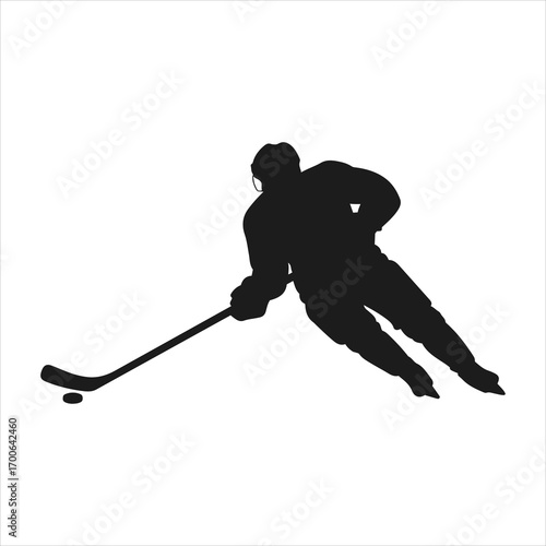 Dynamic silhouette of a hockey player in action with puck and stick