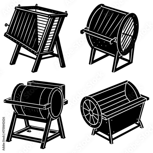 Four different styles of compost tumblers with various designs in a black and white illustration style