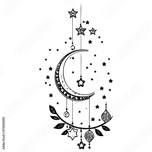hanging moon star Ramadan illustration sketch hand draw