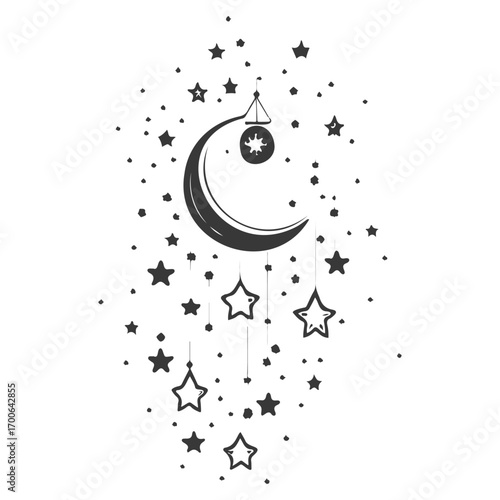 hanging moon star Ramadan illustration grey
