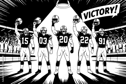 "Victory Celebration: Football Champions Raise Their Helmets"