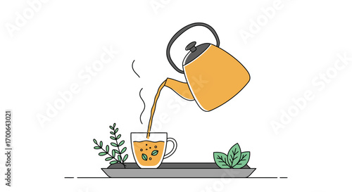 Pouring steaming hot tea from a yellow kettle into a clear glass cup with fresh mint leaves