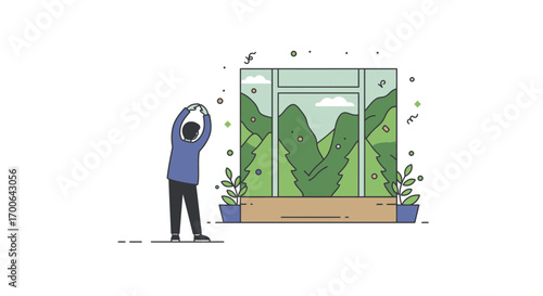 Person stretching by window with serene mountain landscape view, embracing healthy lifestyle morning routine