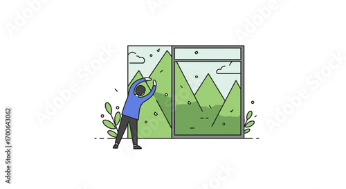 Person stretching beside a window overlooking a scenic mountain landscape, embracing nature's calm