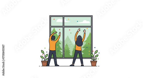 Couple enjoying morning stretches and fresh air by the window with a scenic forest view