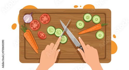 Hands expertly chopping fresh vegetables for a healthy meal on a wooden cutting board