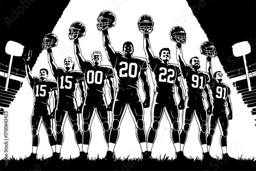 "Victory Celebration: Football Champions Raise Their Helmets"