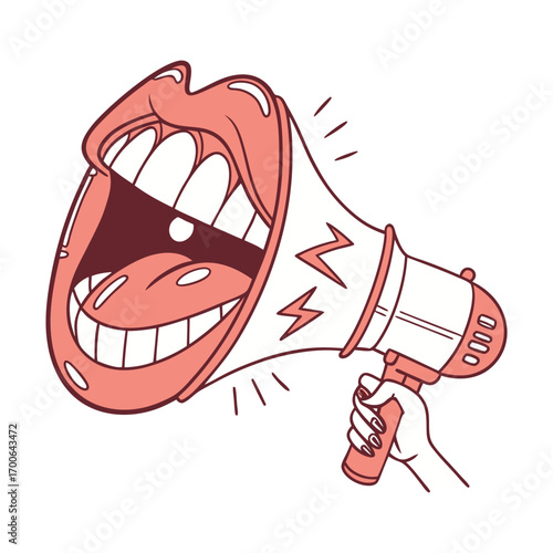 Print Coral-colored mouth with megaphone, white teeth visible, expressing loud communication or announcement with dynamic energy