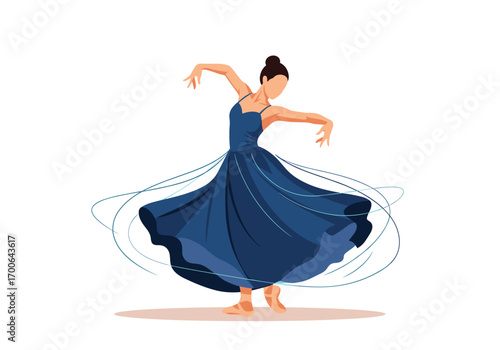 Graceful woman dancing expressively in a flowing blue dress with swirling lines