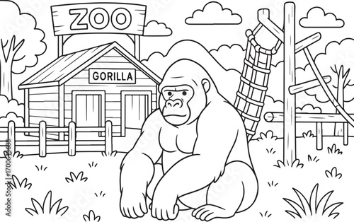 hand drawn vector doodle illustration of gorilla house coloring page for kids line art