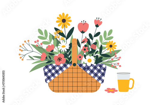 A festive picnic basket filled with blooming flowers and a drink on a sunny day