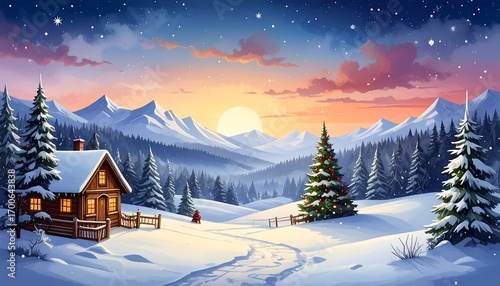 Winter wonderland with cozy cabin