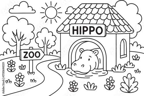 hand drawn vector doodle illustration of hippo house coloring page for kids line art