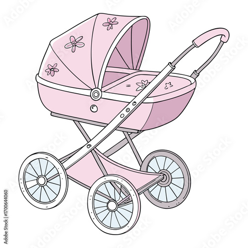 Print Elegant pink baby pram with large wheels and convertible bassinet for newborn comfort