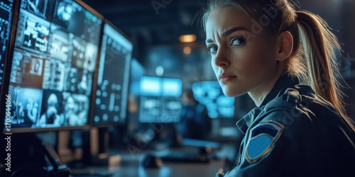 Determined female police officer surveying security feeds in a high-tech monitoring hub, bathed in cinematic lighting.