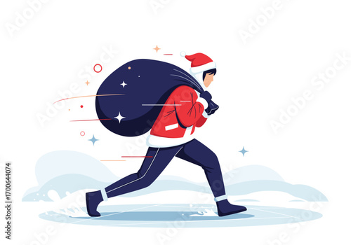 Christmas character with gift bag running through snowy landscape delivering holiday cheer