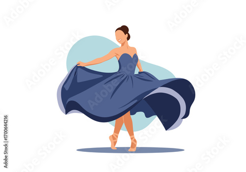 Graceful dancer twirls her flowing blue dress in elegant ballet pose