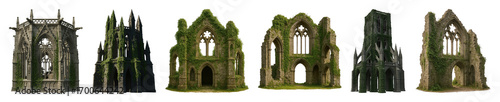 Gothic ruins set including distinct, weathered, and ivy-covered architectural elements isolated. Digital assets for fantasy and historical projects.