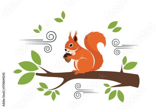 A red squirrel grips a nut on a branch while leaves swirl in the wind