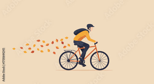 Stylish cyclist riding through autumn leaves, a modern lifestyle and seasonal transportation scene, vector