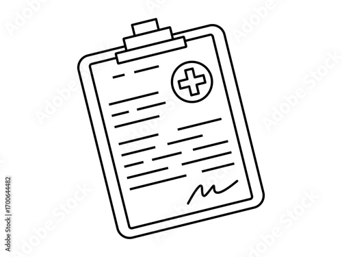 Hand drawn cute outline illustration of clipboard with medical prescription. Flat vector clinic report line art doodle. Health care sticker, icon. Patient information. Diagnosis or receipt. Isolated.