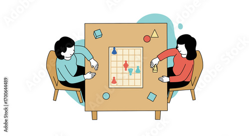 Friends gather together playing a boardgame at a table for relaxing fun leisure activity