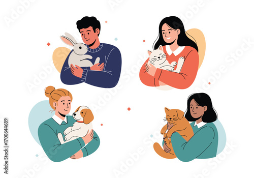 Illustration people holding adorable domestic animals including rabbits kittens puppies and cats