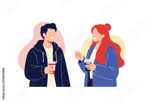 Two friends talking and enjoying coffee together on a casual day out