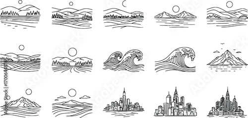 Diverse hand-drawn landscape silhouettes collection serene natural and urban scenes vector