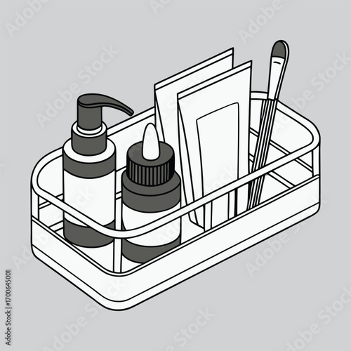 Print Stainless steel cosmetic tray containing skincare products including dropper bottles, cotton pads and beauty tools