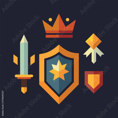Flat design game elements featuring a crown, shield, sword, and medal, perfect for fantasy game development and user interface design