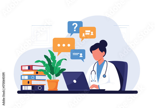 Doctor consulting patients remotely through online video calls and chat