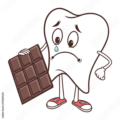 Print Unhappy tooth character with droopy eyes and frown mouth standing beside dark chocolate bar piece
