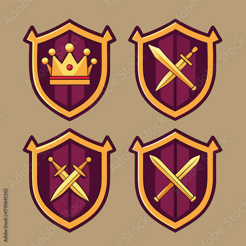 Cartoon game shields featuring crowns and swords, perfect for fantasy game development and user interface design, vector illustration