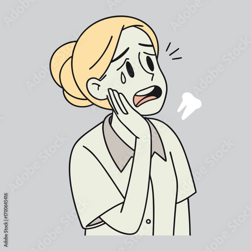 Print Young blonde woman in white shirt holding jaw in pain,toothache expression