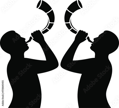 Two silhouetted men blowing into shofars symbolizing jewish holidays and traditions