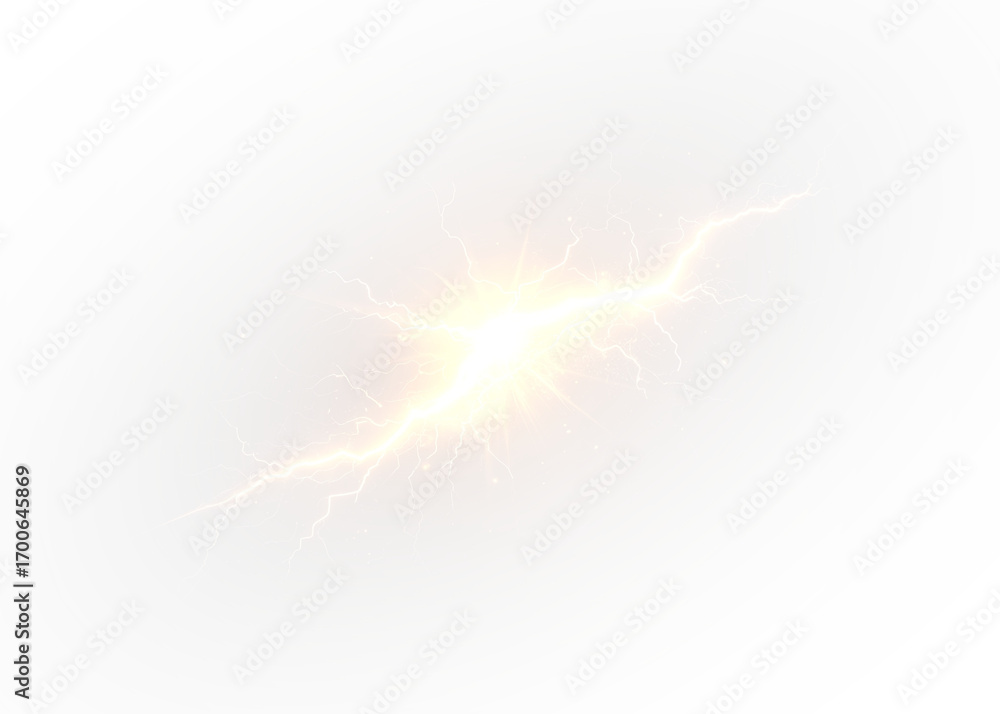 Fototapeta premium Magic golden thunderbolt with glowing shock and lightning energy.