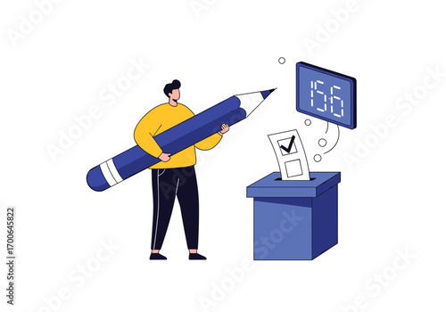 Man votes by writing on ballot paper with large pencil near digital display screen