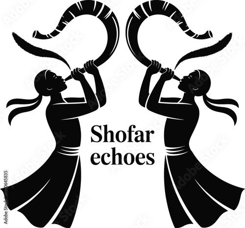 Two silhouetted figures playing the shofar symbolizing jewish tradition and spiritual awakening