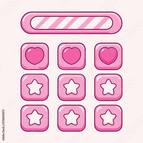 Cute pink game ui elements set with hearts and stars, perfect for creating kawaii games or adding a touch of sweetness to your project
