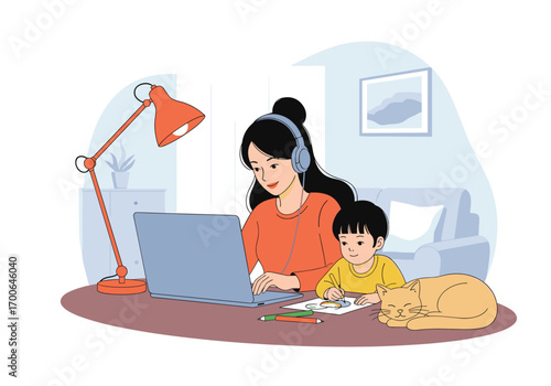 Mother working from home with child and pet nearby