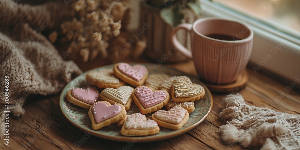Fototapeta premium Heart-shaped cookies decorated with icing on a plate beside a warm cup of coffee