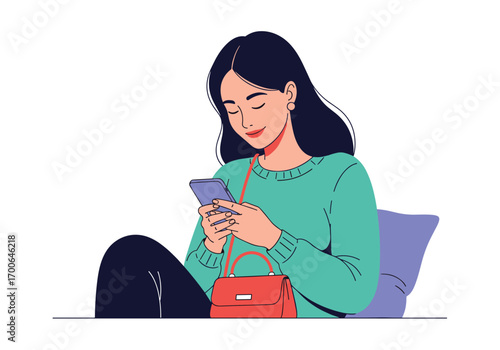A young woman engaged with her mobile phone holding a small handbag