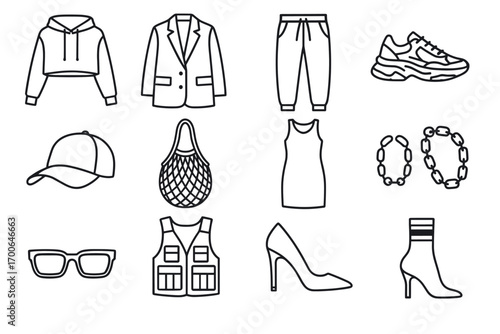 Modern Fashion Icons. Line style icons of modern fashion: cropped hoodie, oversized blazer, jogger pants, chunky sneakers;